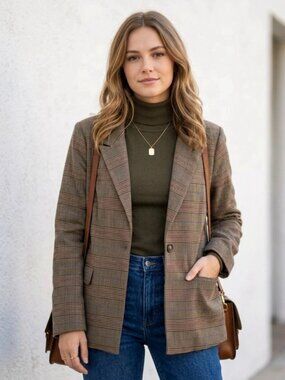 JUSTFAB Brown Plaid Blazer Tailored Career Academic Dark Academia Jacket Size XL